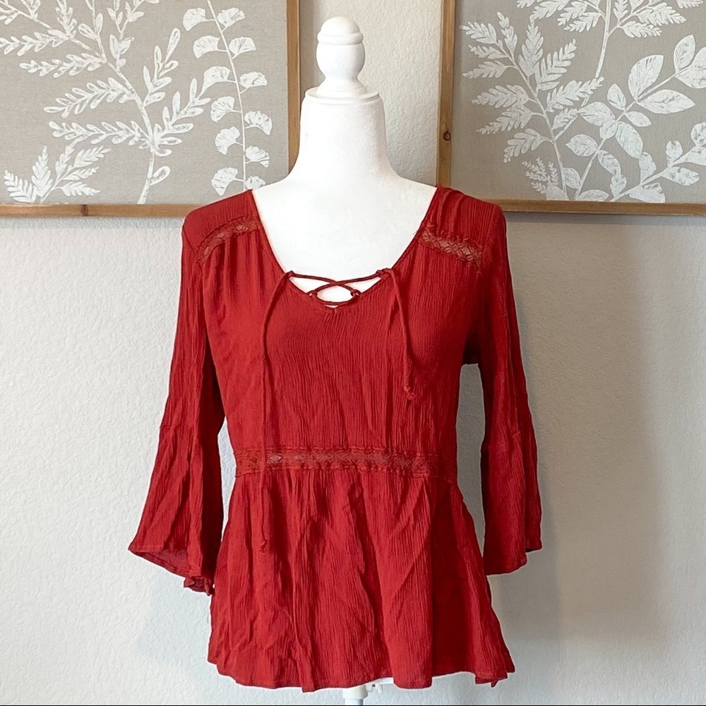 Boho Bell Sleeve Blouse | Tie Front | Lace Detail